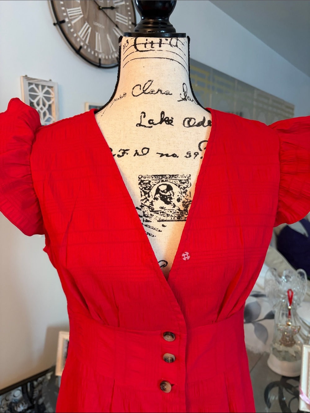 SHEIN Red Ruffle-Sleeve Button-Front Mini Dress - Picture 3 of 7